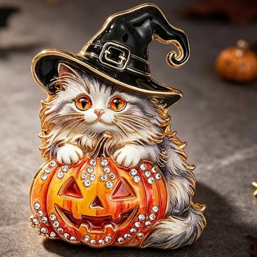 Halloween Cat Witch Pumpkin Brooch Rhinestone Enamel Pin Jack O Lantern 2"